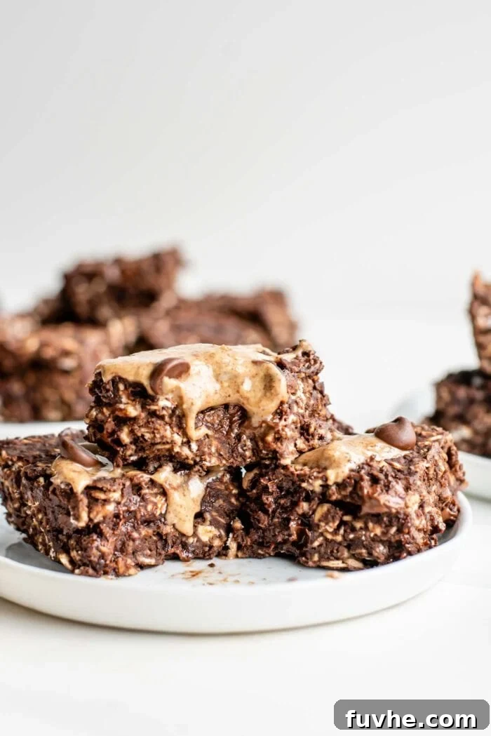 Wholesome Chocolate Protein Baked Oat Bars 6 Three perfectly sliced chocolate oatmeal bars, adorned with melted chocolate chips and a drizzle of almond butter, presented on a plate.