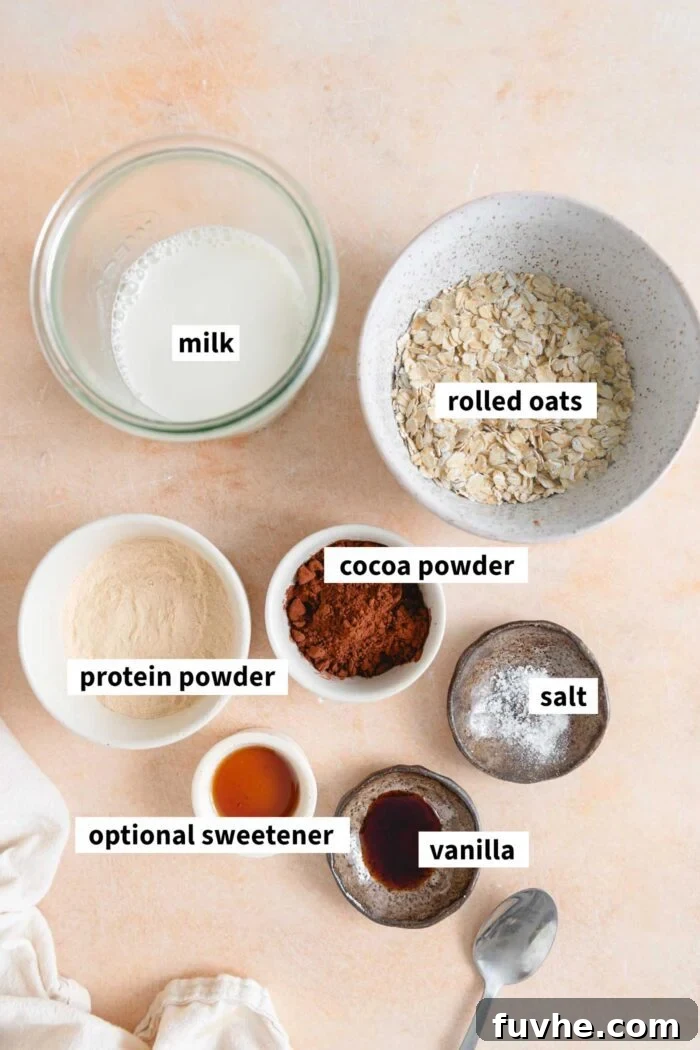 Ingredients for chocolate protein overnight oats, each labelled with text.