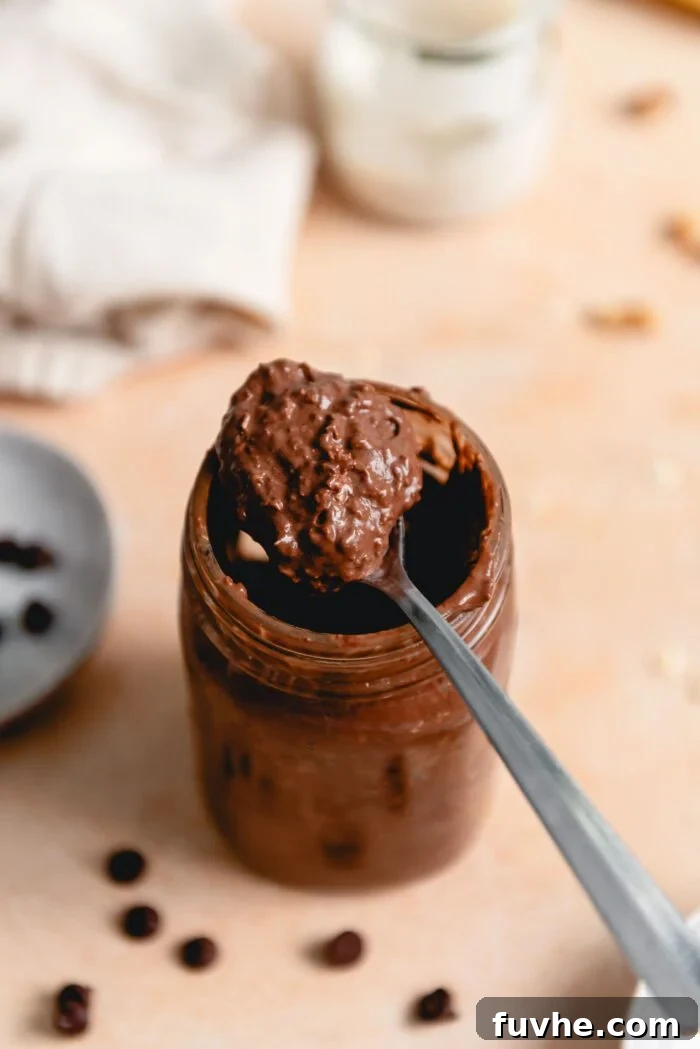 Spoonful of chocolate oats resting on the lip of a jar of overnight oats.