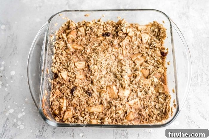 Baked apple cinnamon oatmeal in a square glass baking dish, fresh from the oven and golden brown.