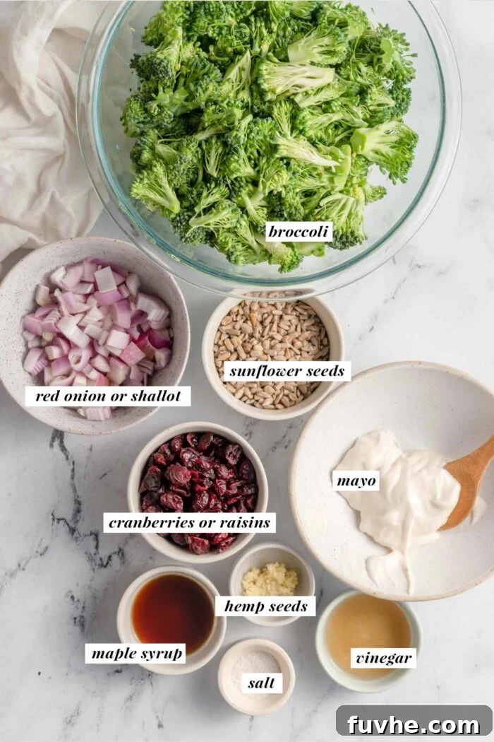All the ingredients for a vegan broccoli salad recipe gathered in bowls and labelled with text.