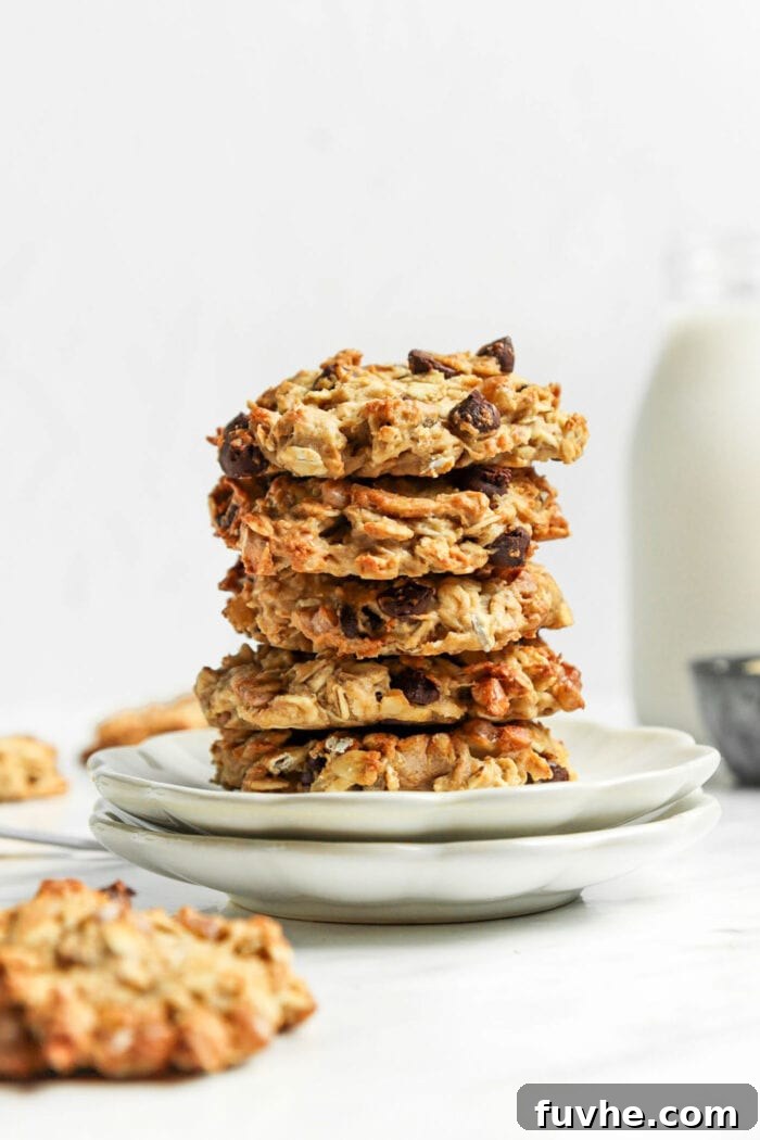 Stack of 3 oatmeal chocolate chip cookies on a small white plate.