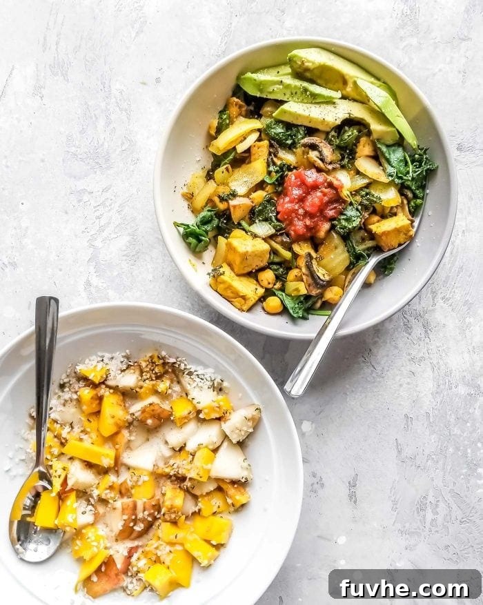 A bowl of mango and coconut and a bowl of sauteed greens with mushroom, tofu and kale.