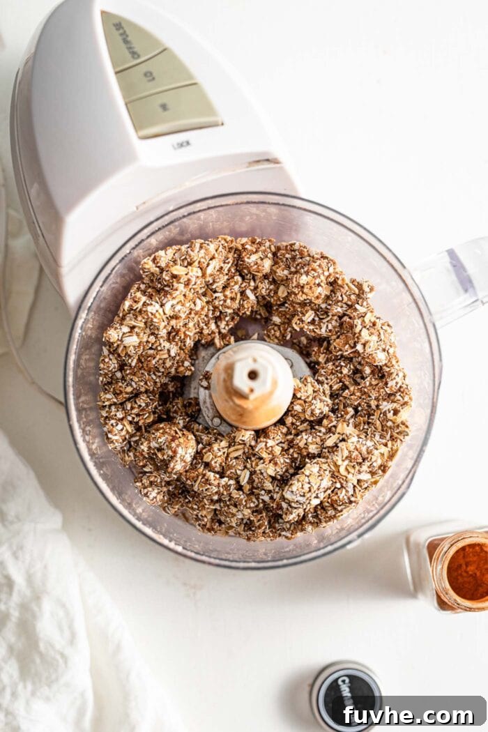 Warm Spice Energy Drops 5 All ingredients blended into a thick, sticky dough within a food processor.