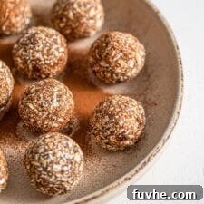 Plate of oatmeal energy balls sprinkled with cinnamon.