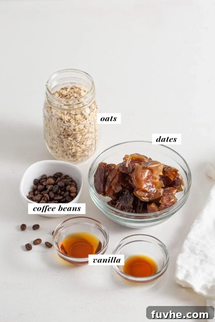 Coffee Fuel Bars 3 Oats, dates, coffee beans and vanilla in labelled containers.