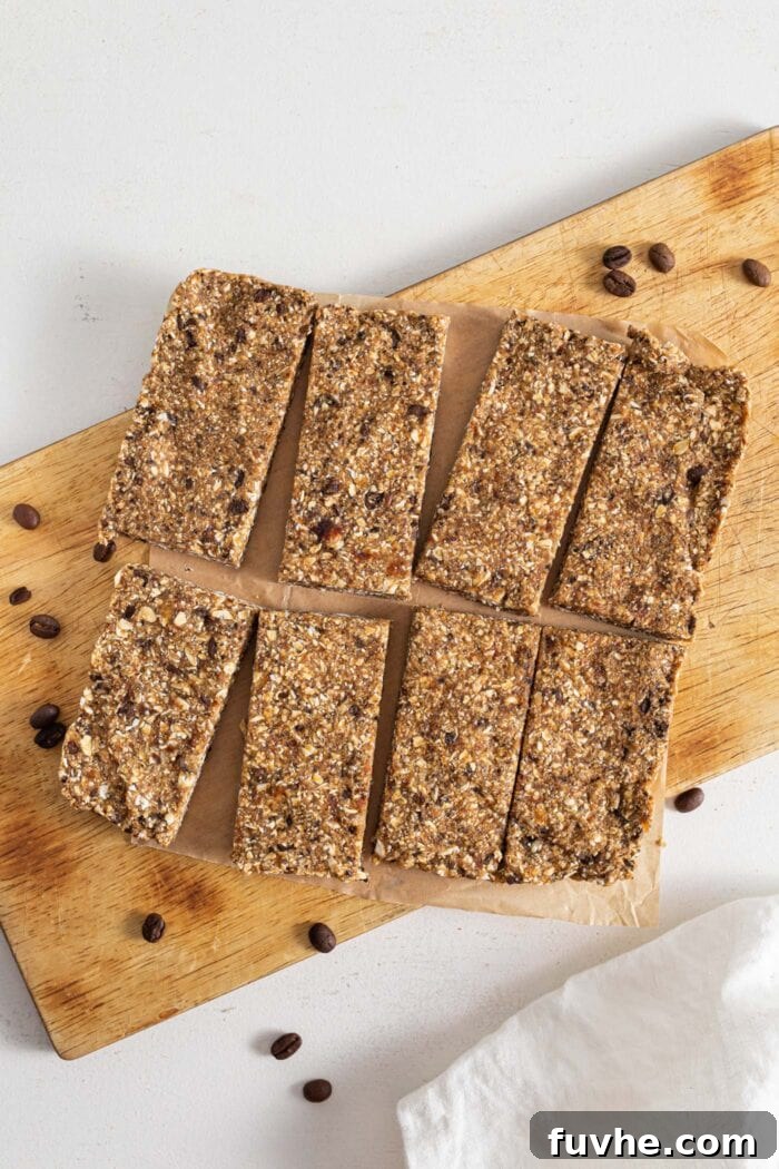 Coffee Fuel Bars 6 Energy bars cut into 8 portions on cutting board.