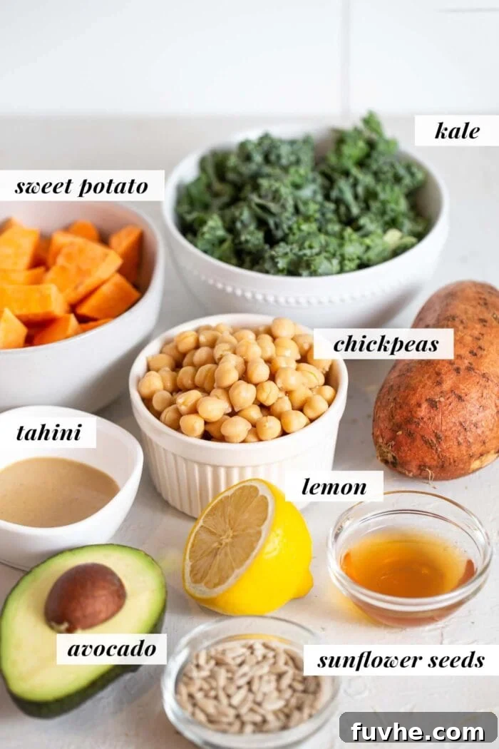Crispy Roasted Chickpea Kale Salad 3 All the fresh and wholesome ingredients laid out for a roasted sweet potato and chickpea kale salad.