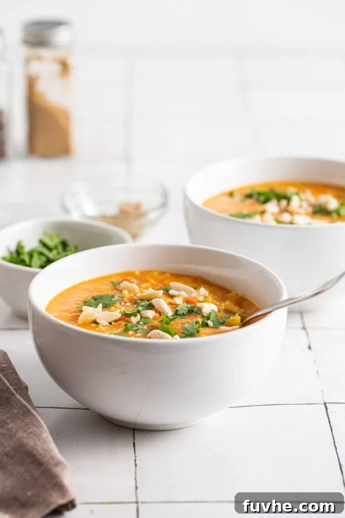 3-Day Plant-Based Whole Food Reset 2 Two bowls of mulligatawny soup on a checkered kitchen counter.