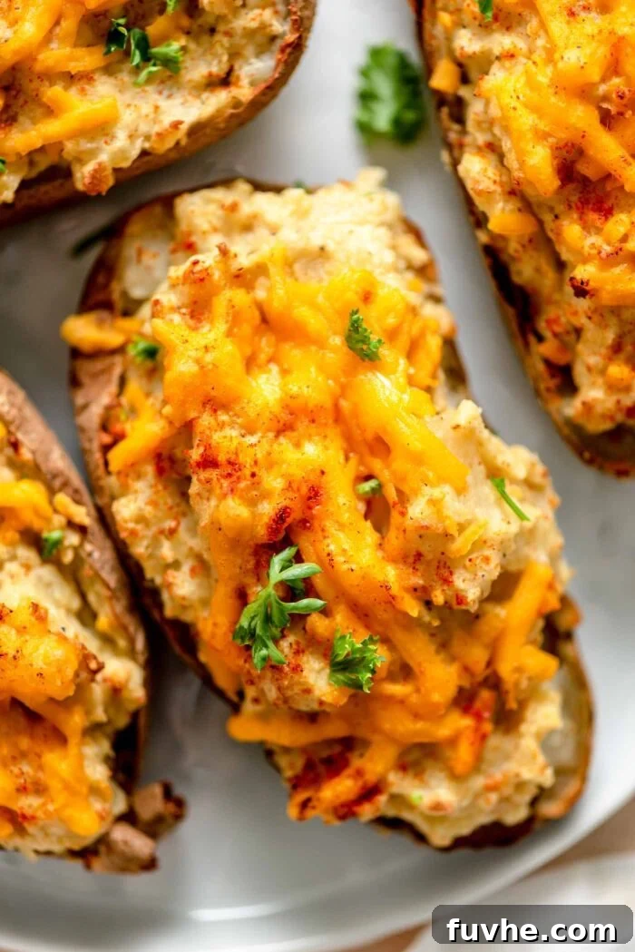 Two beautifully baked vegan twice-baked potatoes, golden brown and topped with melted vegan cheddar cheese and a sprinkle of paprika, resting invitingly on a baking sheet.