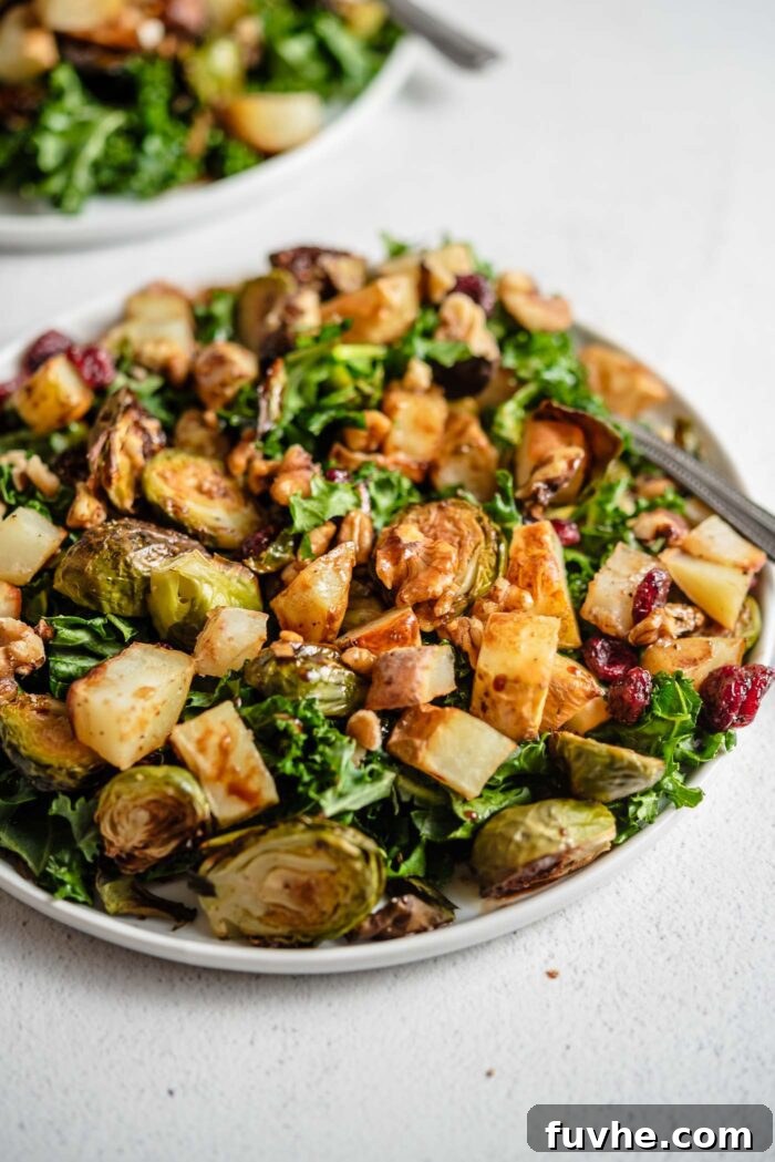 A beautifully plated warm kale salad, featuring roasted potatoes, brussels sprouts, walnuts, and cranberries, drizzled with dressing.