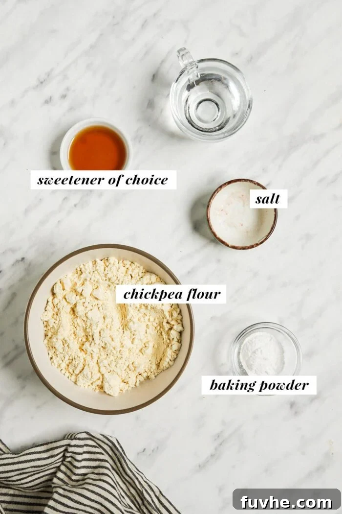 Savory Chickpea Griddle Cakes 3 A carefully arranged visual display of all the necessary ingredients for preparing vegan chickpea flour pancakes. Each ingredient, including flour, sweetener, and baking powder, is clearly labeled with text descriptions, providing a helpful guide for cooking.