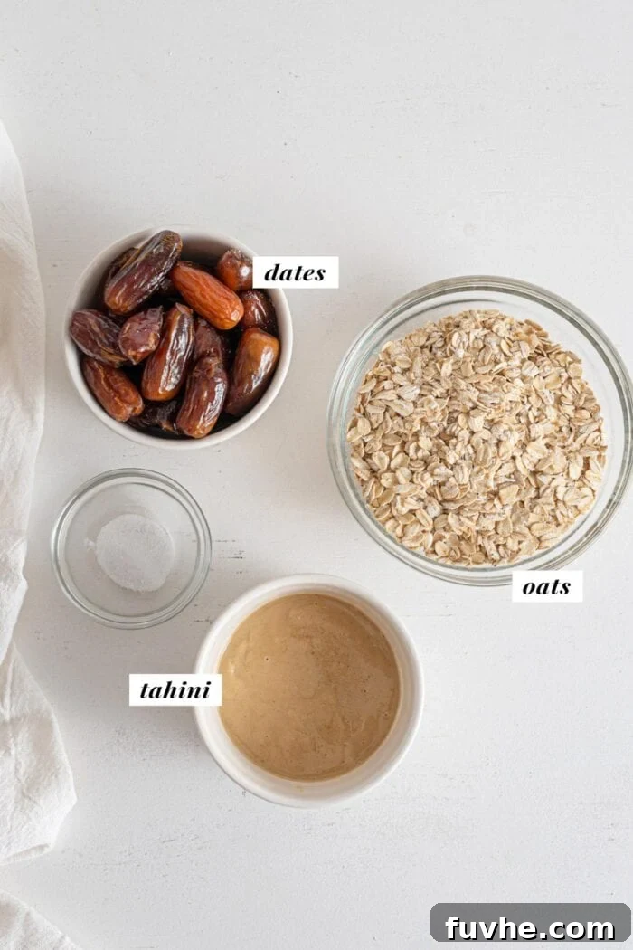 Tahini Date Gems 3 Oats, dates and tahini in bowls. Text overlay labels each ingredient.