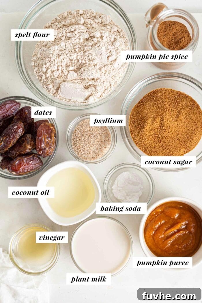 Spiced Vegan Pumpkin Date Loaf 3 A visually appealing flat lay of various labelled ingredients, neatly arranged for making a delicious pumpkin loaf.