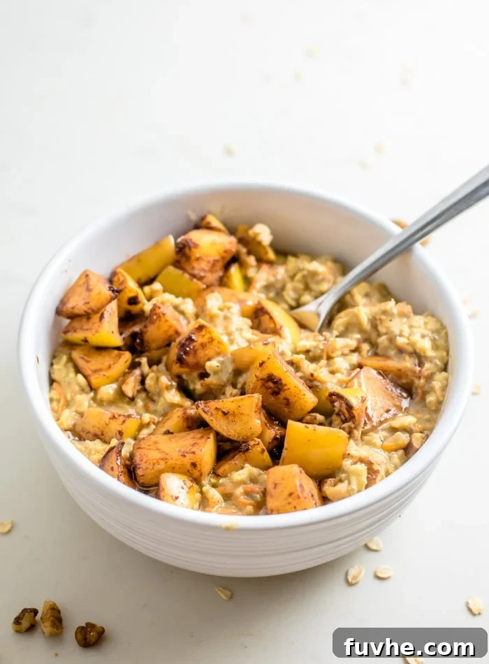 A bowl of oatmeal topped with bits of stewed apples. A beautifully arranged bowl of whole grain porridge, garnished with sweet cinnamon sautéed apples, inviting a warm and comforting start to the day.