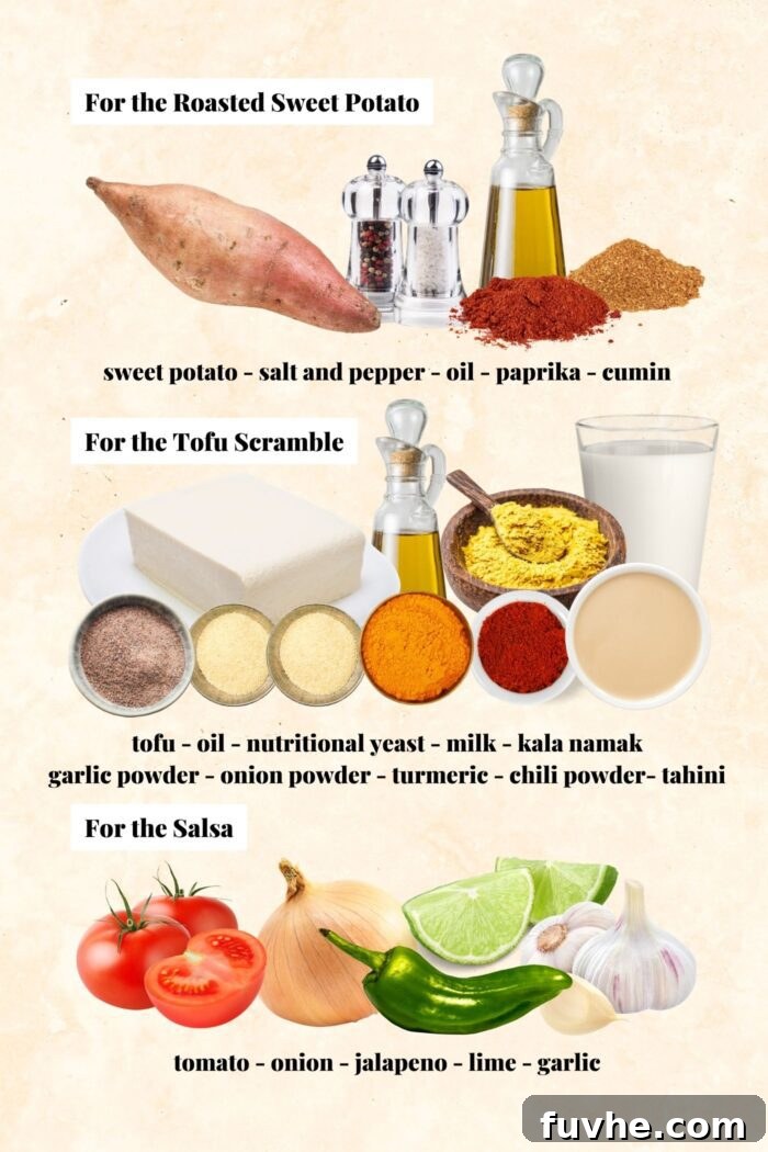 A collage of fresh ingredients laid out for vegan breakfast burrito bowls, including blocks of tofu, sweet potatoes, black beans, onions, tomatoes, jalapenos, and various spices.