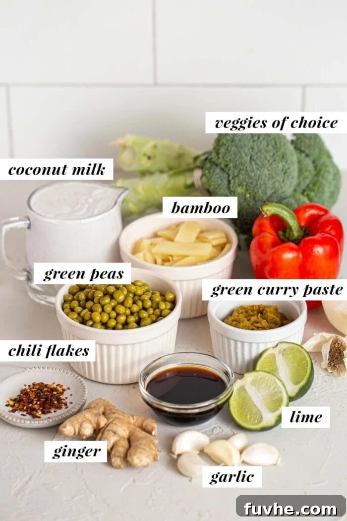 Fragrant Vegan Thai Green Curry 3 Various labelled ingredients laid out for preparing a vegan green curry recipe, including coconut milk, curry paste, ginger, garlic, and fresh vegetables.
