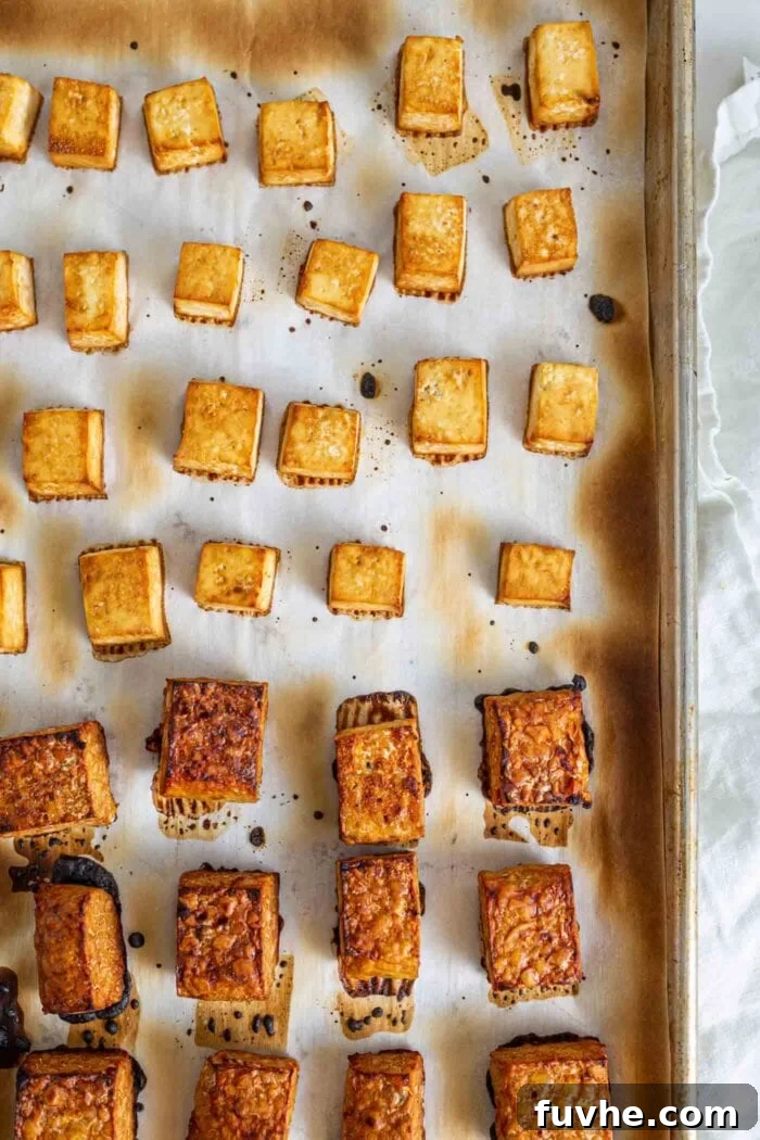 Cubed and baked tofu and tempeh on a baking pan.
