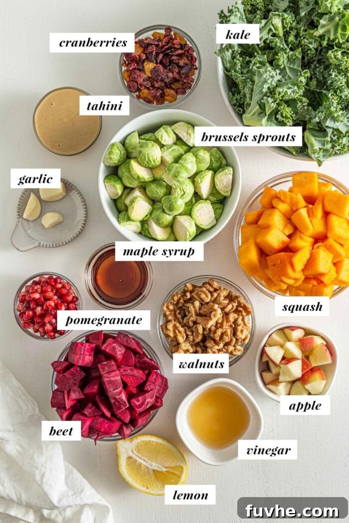 Various ingredients for in bowls for making a Fall salad, labelled with text overlay.
