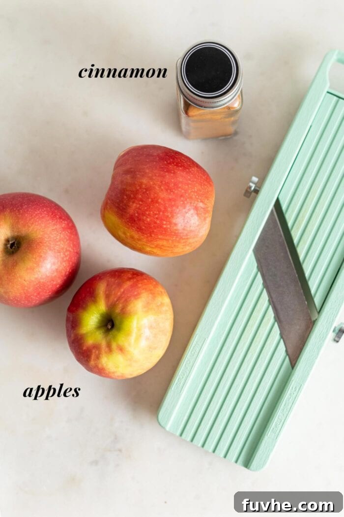Three crisp, unblemished apples alongside a gleaming mandoline slicer and an open jar of fragrant ground cinnamon, all arranged on a clean kitchen counter, symbolizing fresh ingredients and simple tools for preparing apple chips.