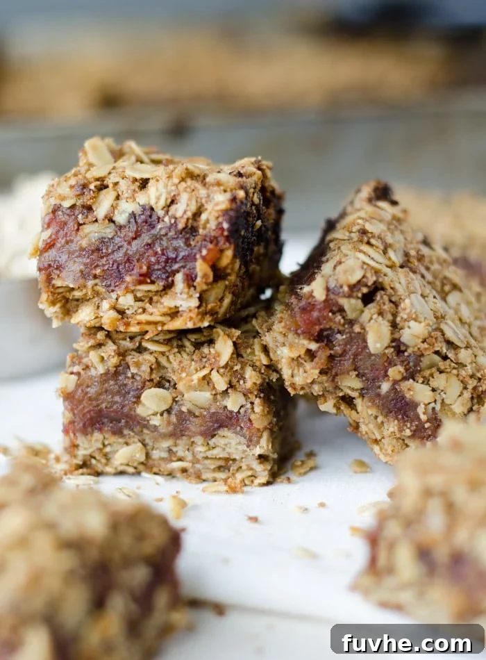 Two date oat squares stacked on top of each other, showcasing their layers.