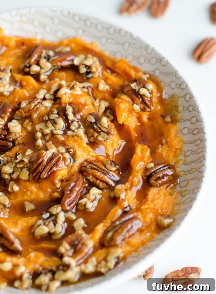 Decadent Vegan Coconut Mashed Sweet Potatoes with Maple Pecan Sauce