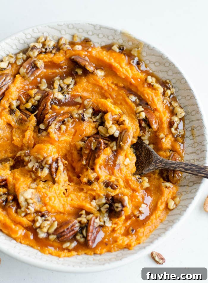 Serving of Coconut Mashed Sweet Potatoes with Maple Pecan Sauce