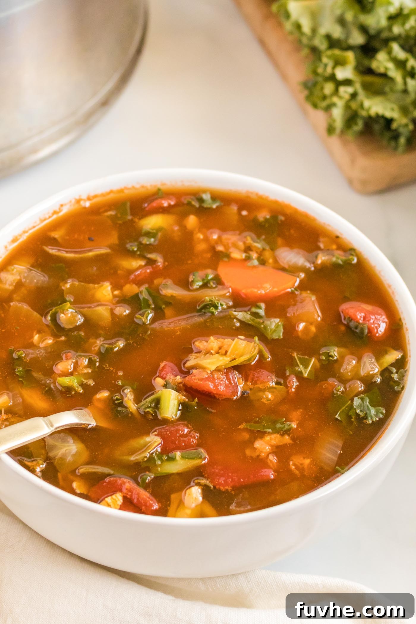 A warm, inviting bowl of tomato-based vegetable soup, featuring lentils, kale, and Brussels sprouts, with a spoon nestled within, ready to be enjoyed.