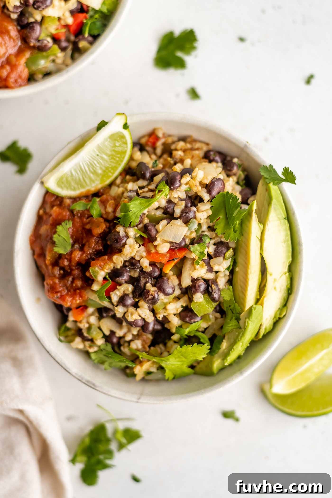 A vibrant bowl of vegan black beans and rice, generously topped with fresh avocado slices and a dollop of zesty salsa, invitingly presented.