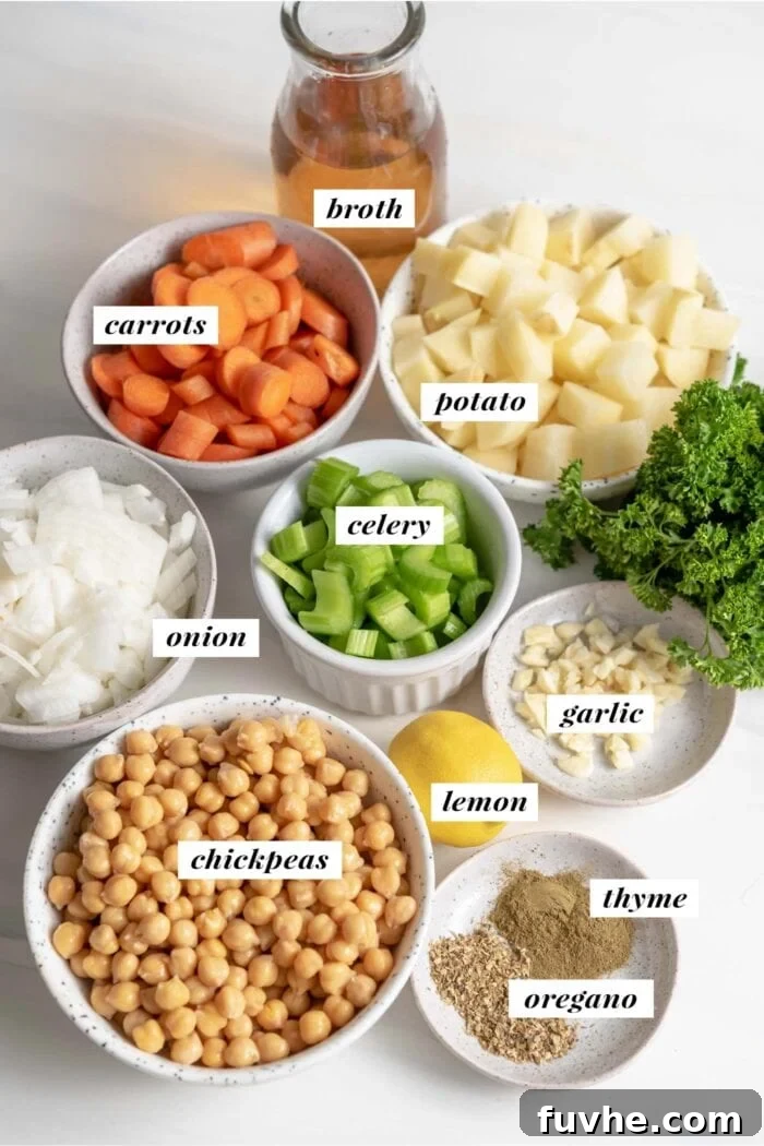 Visual of ingredients needed for making chickpea chowder soup recipe. Each ingredient is labelled with text.