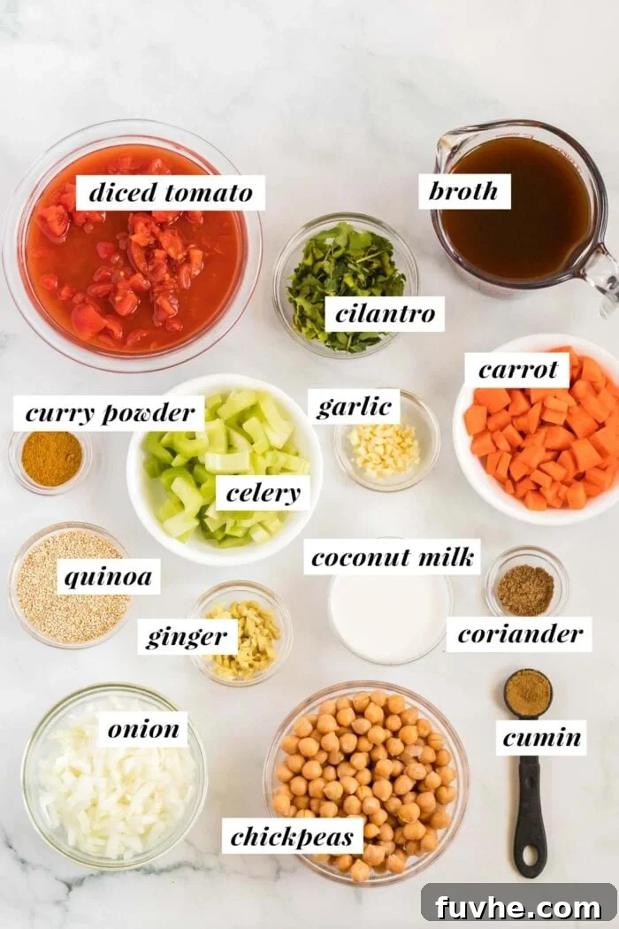 A beautiful flat lay photograph showcasing a visual list of fresh vegetables and essential pantry items required for preparing the chickpea and quinoa stew.