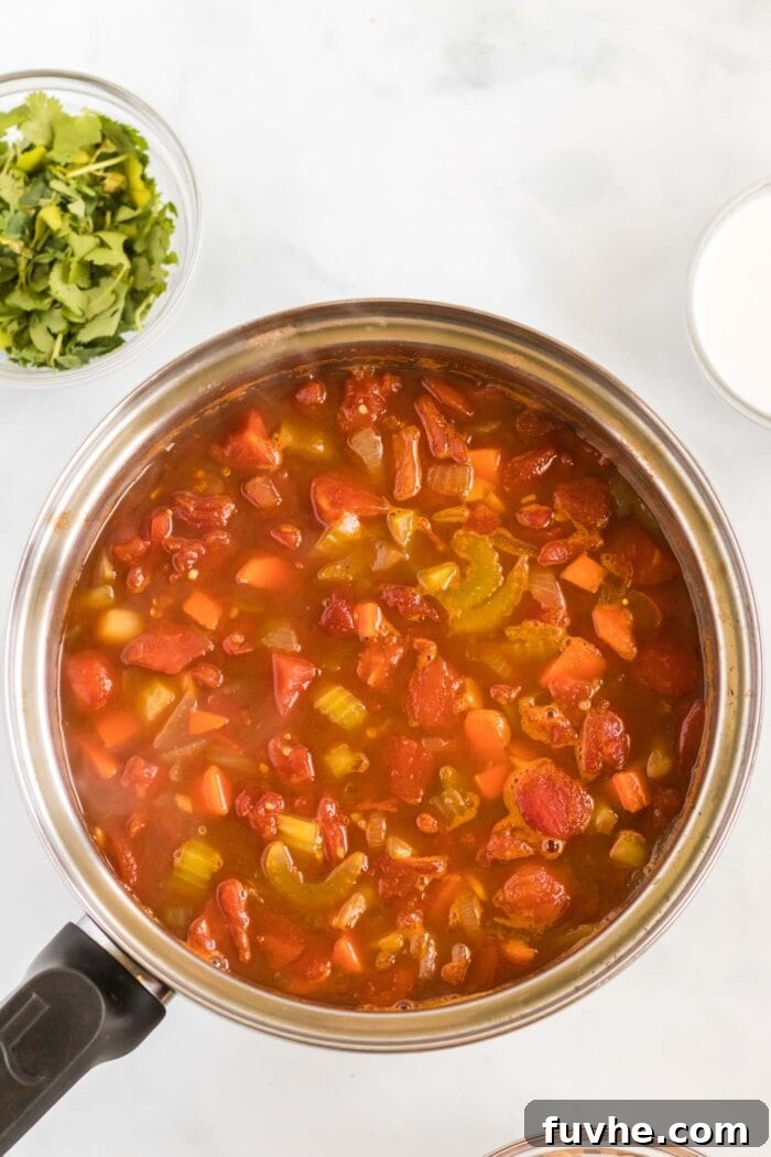 A rich, red tomato-based soup with visible pieces of chopped carrot, celery, and onion gently simmering in a soup pot, as the quinoa cooks through and absorbs the flavorful liquid.