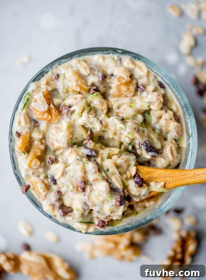 Secret Garden Overnight Oats 2 Healthy and nutritious chocolate chip zucchini overnight oats prepared for an easy vegan and gluten-free breakfast.