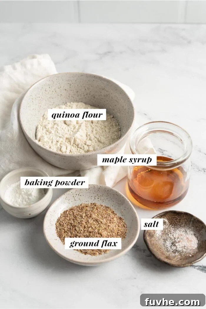 Protein-Packed Vegan Quinoa Pancakes 3 Visual list of labelled ingredients for making a vegan quinoa flour pancake recipe.