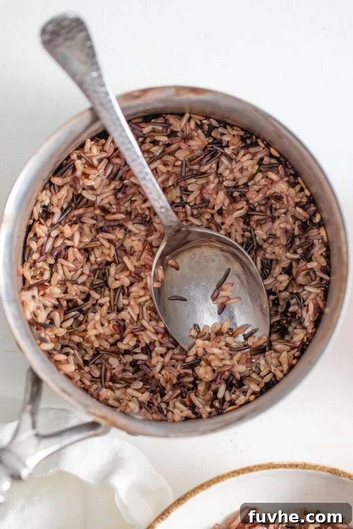 Wild rice cooking in a pot. Spoon rests in pot.