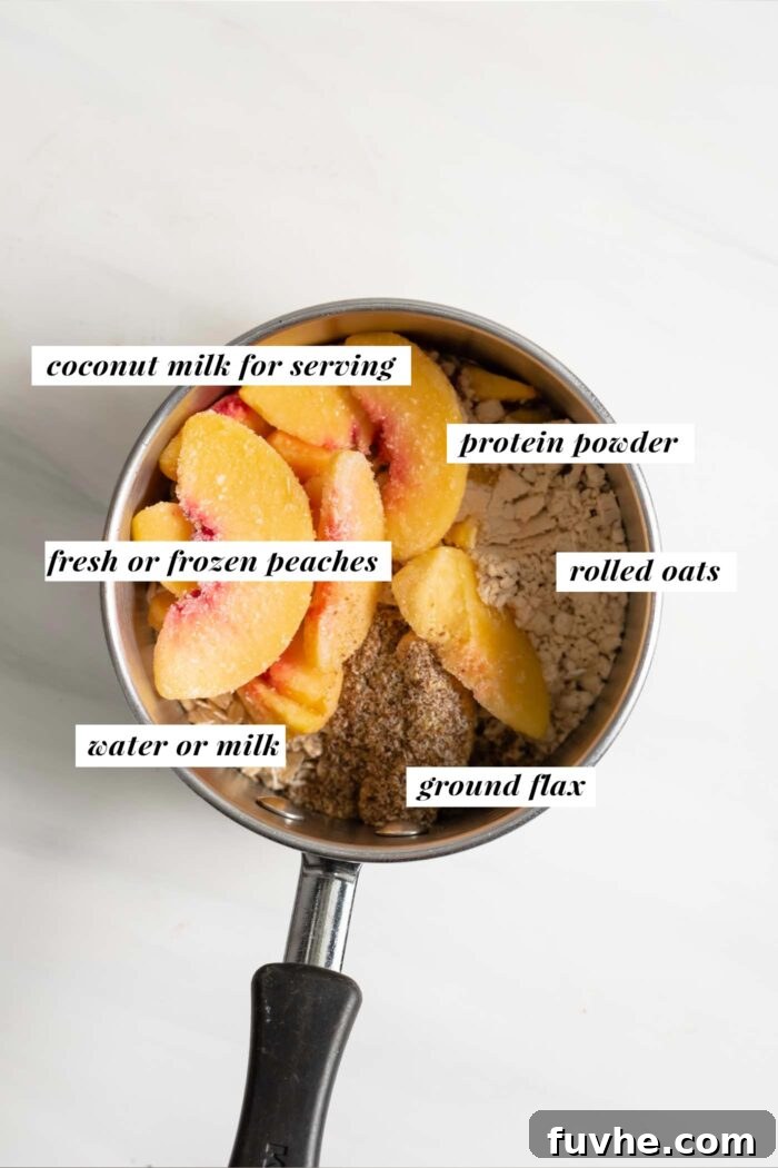 Velvety Vegan Peach Dream Bowl 3 Protein powder, flax, sliced peaches and oats in a small pot.