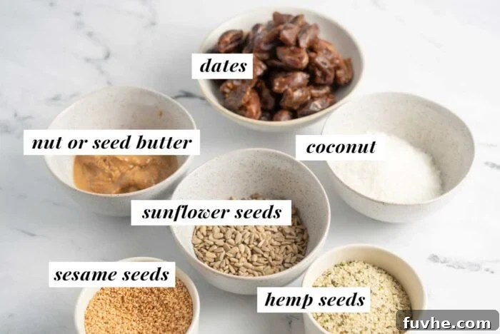Visual list of ingredients for making sesame seed energy bars, laid out clearly on a wooden surface.