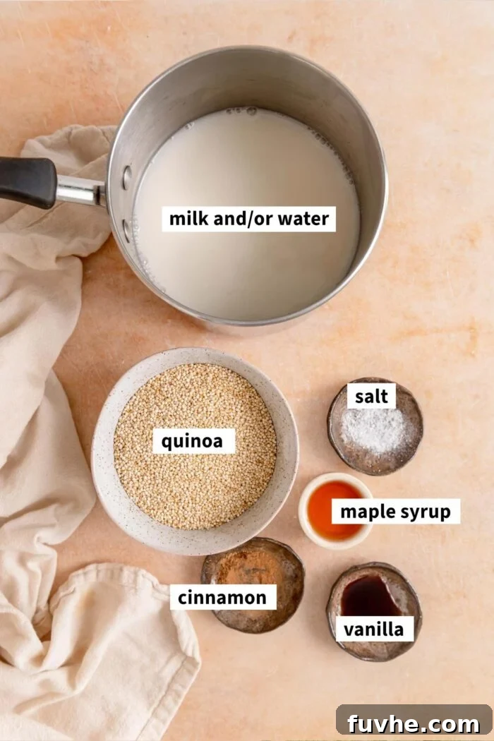 A simple yet vibrant flat lay showcasing the essential ingredients needed for crafting delicious breakfast quinoa bowls, each item clearly labeled to guide the cook.