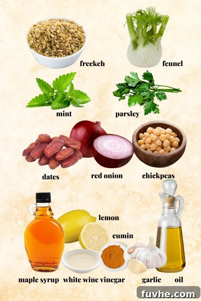 Collage of ingredients for vegan freekeh salad including freekeh, chickpeas, herbs, fennel, dates, red onion, pistachios, and lemon vinaigrette components.