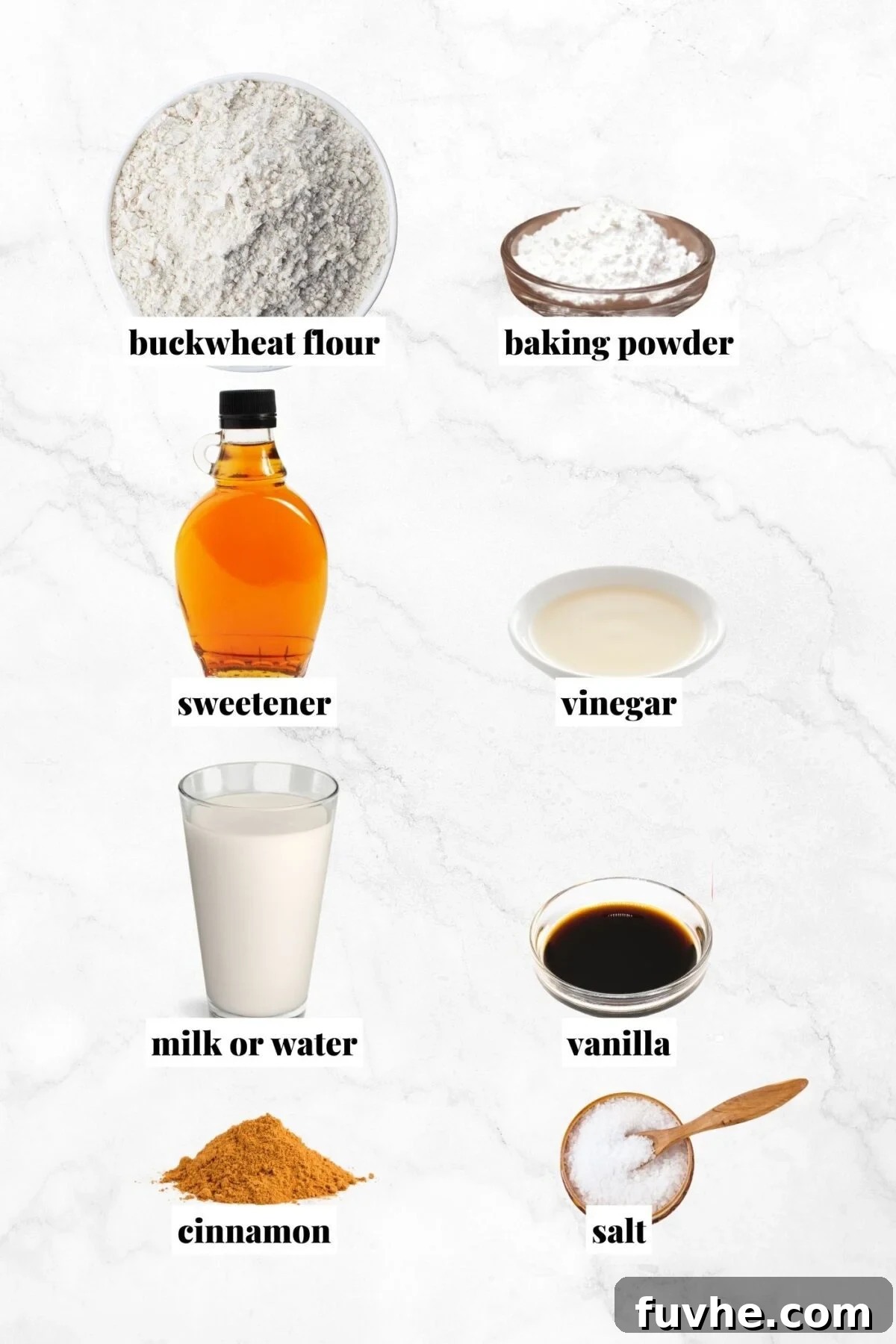 Plant-Based Buckwheat Power Pancakes 3 All the essential ingredients neatly arranged for preparing a batch of wholesome vegan gluten-free buckwheat pancakes, including buckwheat flour, sweeteners, plant-based milk, baking powder, vanilla, and apple cider vinegar.