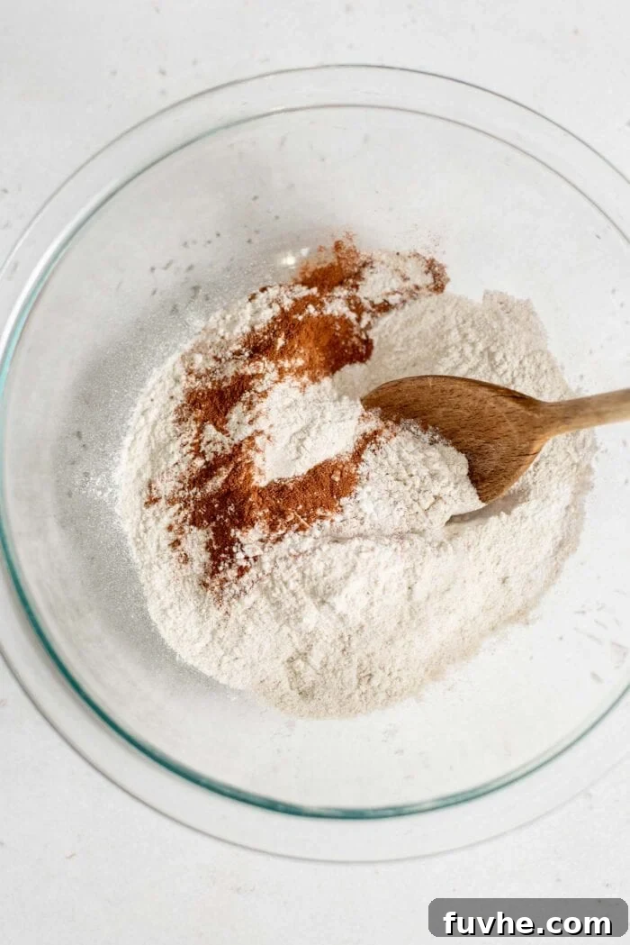 Plant-Based Buckwheat Power Pancakes 4 A large mixing bowl containing the dry ingredients for vegan buckwheat pancakes, including buckwheat flour, cinnamon, baking powder, and sea salt, with a spoon resting inside ready for mixing.