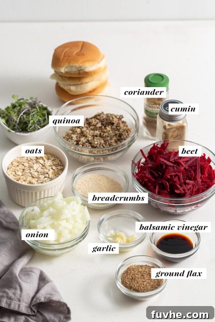 All the fresh and dry ingredients required for making vegan quinoa beet burgers are neatly arranged in individual ceramic bowls, clearly labeled for easy identification.