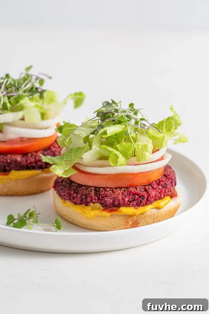 Two beautifully plated beet burgers on toasted buns, lavishly garnished with fresh lettuce, vibrant sprouts, ripe tomato, and sliced red onion, with mustard and ketchup on the side.