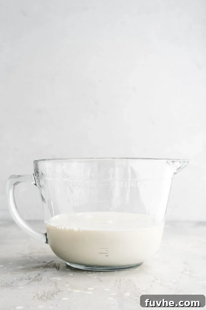 An inviting image of inexpensive and easy-to-make homemade oat milk in a large glass bowl, ready to be enjoyed.