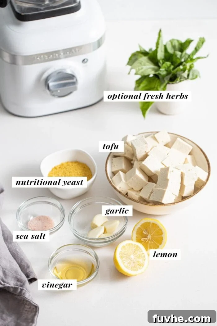 Creamy Vegan Tofu Ricotta 3 Various ingredients for making tofu ricotta in small dishes, labelled with text overlay.