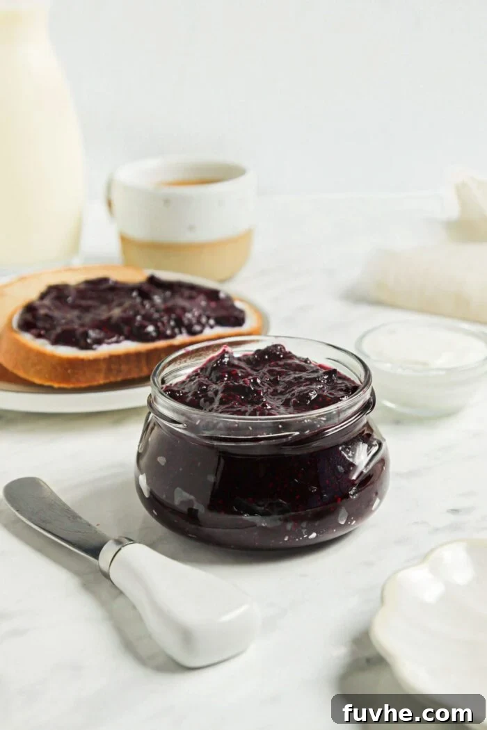 Whip Up Easy Berry Chia Seed Jam in Minutes 6 Small jar of blueberry chia seed jam, ready for storage or immediate enjoyment.
