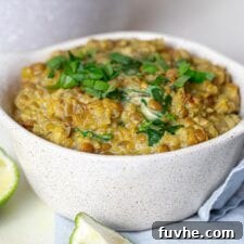 A bowl of vegan curried lentils with quinoa topped with chopped cilantro with a sliced lime beside the bowl and a pot of lentils in the background.