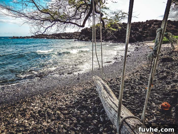 Unforgettable Maui Experiences 13 A swing made from a large piece of driftwood on a rocky beach.