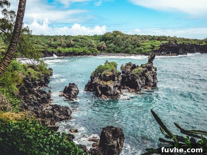 Unforgettable Maui Experiences 27 A beautiful bay with blue water surrounded by jungle.