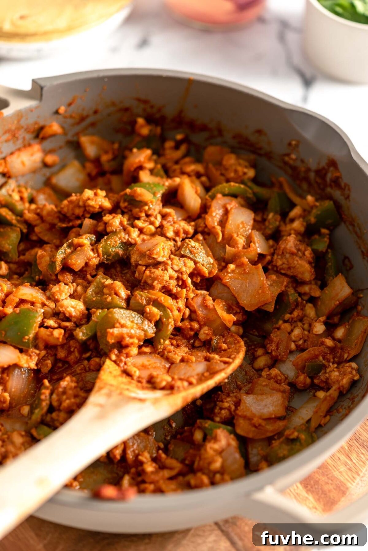 Savory Tempeh Tacos 8 The fully cooked and seasoned crumbled tempeh taco meat, perfectly reduced and ready to be served in tortillas.